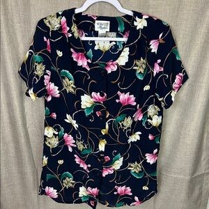 Wild Thyme Vintage Floral Button Down Short Sleeve Navy Blue Polyester Blouse